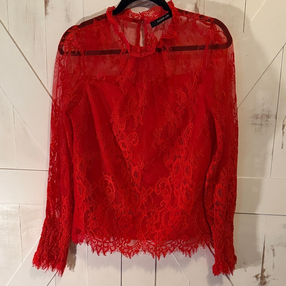 Sugarlips Vibrant Red Lace Longsleeved Blouse